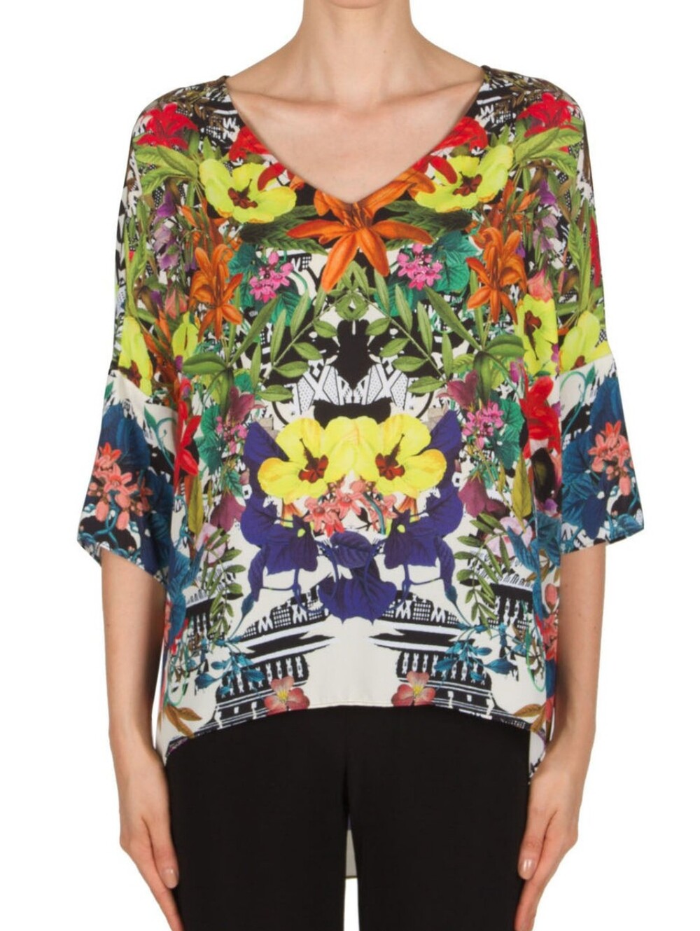 Joseph Ribkoff Bright Floral V-Neck Chiffon Tunic Blouse Size 18